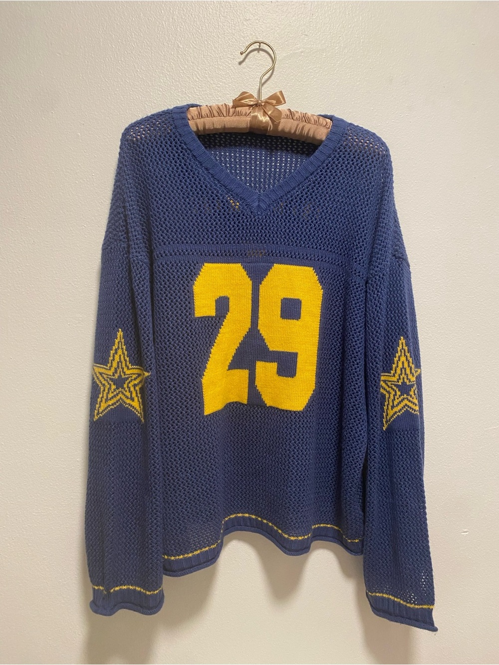 SHEIN Boston Navy V-Neck Mesh Sweater with Yellow '29' and Star Sleeves
